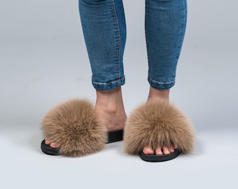 Acorn Fox Fur Slides: Fluffy Sandals with Rubber Sole