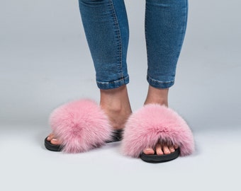 Pink Fox Fur Slides: Fluffy Sandals with Rubber Sole
