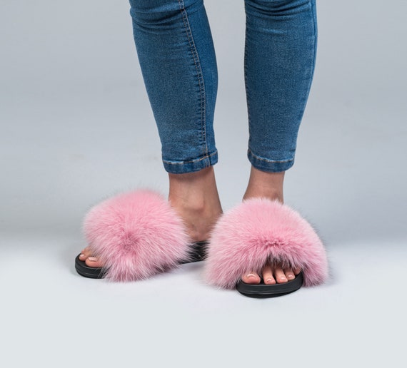 Pink Real Mink Fur Slippers Slides Fur Sandals Personalized Initial Gift  for her