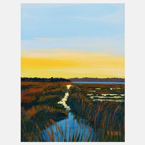 May include: A painting depicting a narrow waterway meandering through a marsh at sunset. The sky is a gradient of blue, yellow, and orange. The water is a deep blue, and the marsh is a mixture of green and brown.