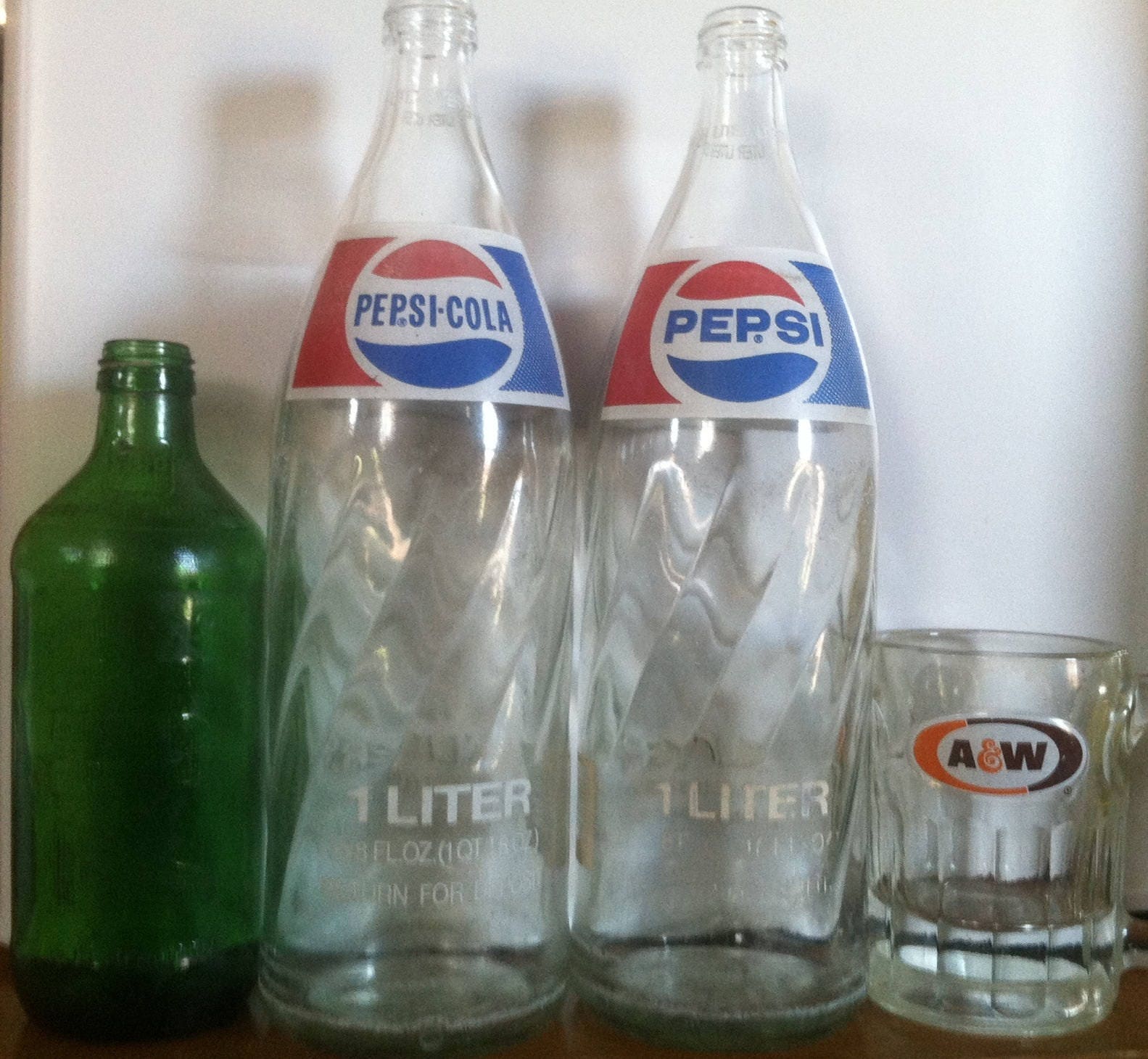 Vintage Glass Soda Bottles and Mug 7 UP Green Glass 16 Oz Bottle Pair of 1  Liter Pepsi Bottles A&W Root Beer Mug as A Lot or Singly 