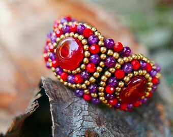 Red Purple Gold Art Beaded Jewelery Bangle braided with Rope I Hand Crafted Fantasy Beads Accessories