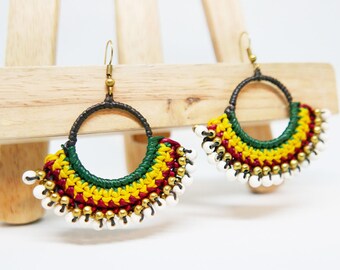 Green Yellow Red Braided Rope White Gold Beaded Charm Drop I Hoop Dangle Earrings Handmade Jewelry Brass Wire I Hook