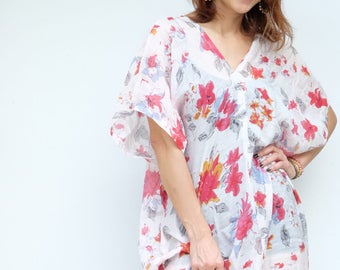 Maxi Dress, Cover up, V-Neck Short Sleeves, Swimsuit Bikini Cover Up, Sexy Beach Dress, Beige Red Flower Print Chiffon, Housewife Dress