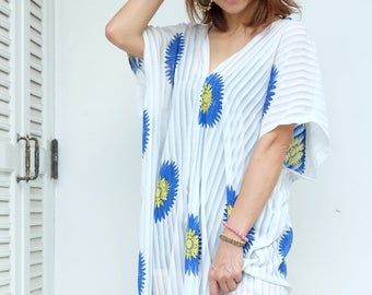 White Blue Flower Chiffon Beach Dress Swimsuit Bikini Cover Up | Casual Maxi Short Sleeve Dress | Spring/Summer Dress