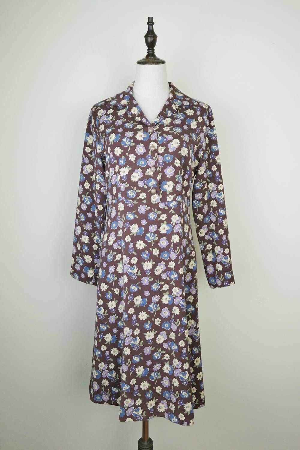 Brown Vintage Dress Flower Print Long Sleeves Size SM Etsy