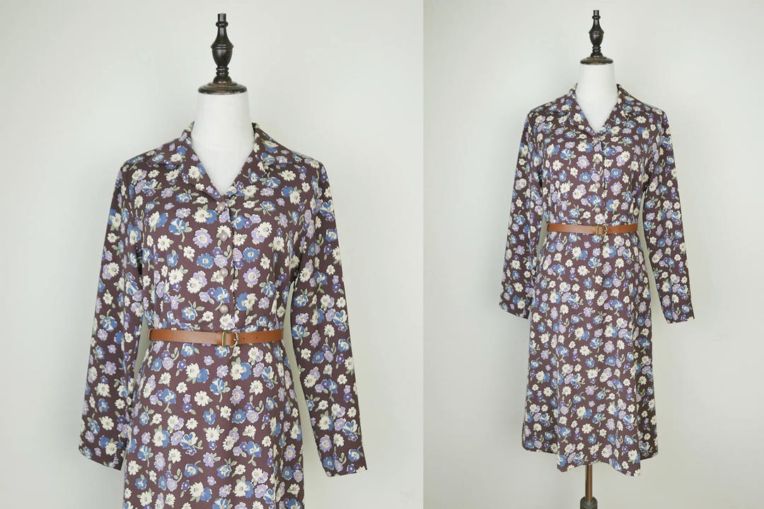 Brown Vintage Dress Flower Print Long Sleeves Size SM Etsy