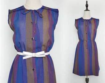 Navy Purple Yellow Strip Vintage Women Short Dress 1980s Sleeveless Size M