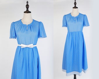 Vintage Dress, Upcycled Vintage Dress, Vintage Japanese Dress, White Polka Dot Short Sleeves Blue Women Dress Size S-M