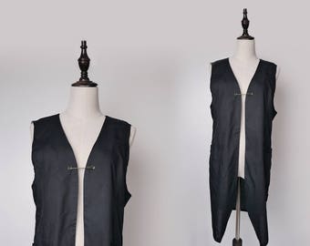 Black Women Vintage Vest Pocket Style 1980s Sleeveless Size M