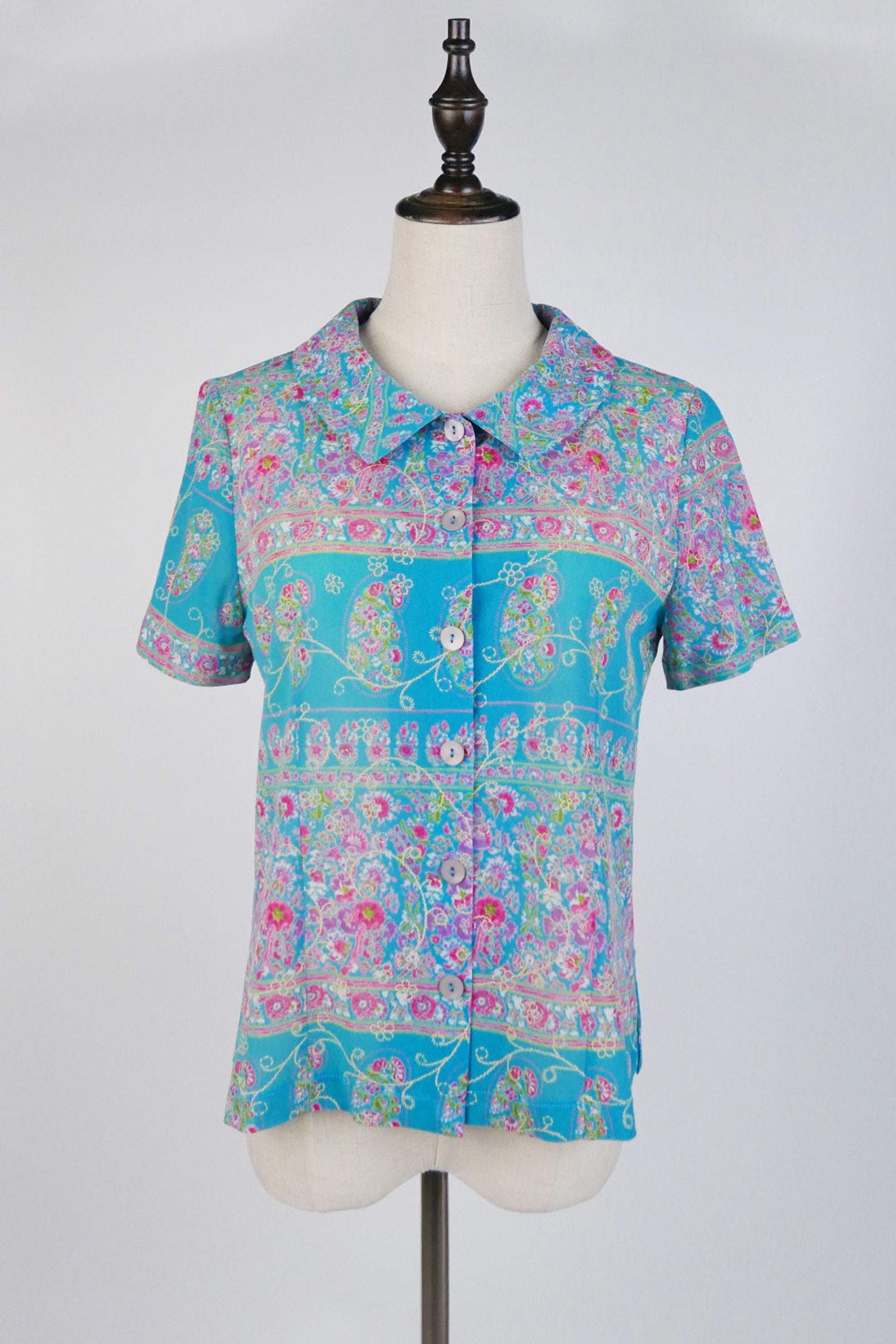 Vintage Blouse Pink Flower Print Flat Collar Short Sleeves Etsy Sweden