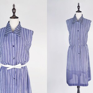 White Polka Dot Strip Flat Collar Sleeveless Navy Vintage Dress Size M image 1