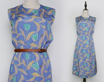 Blue Vintage Women Dress Floral Print 1980s Sleeveless Button Style Size M