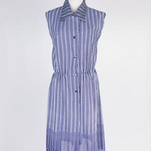 White Polka Dot Strip Flat Collar Sleeveless Navy Vintage Dress Size M image 3