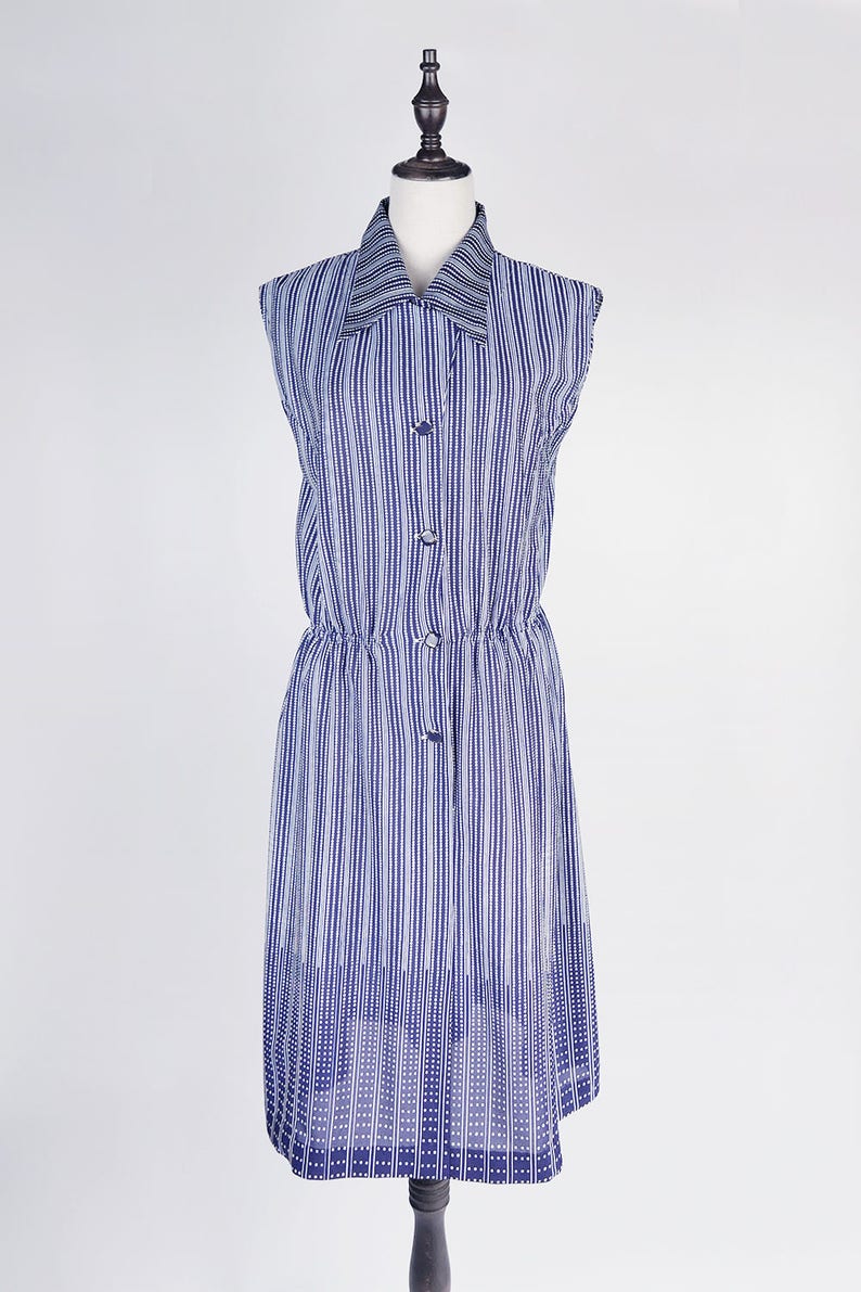 White Polka Dot Strip Flat Collar Sleeveless Navy Vintage Dress Size M image 3