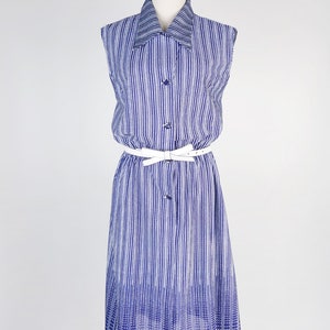White Polka Dot Strip Flat Collar Sleeveless Navy Vintage Dress Size M image 2