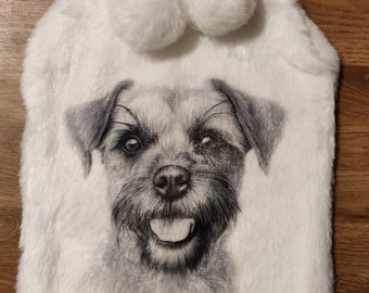 Border Terrier Dog Black and White Hot Water Bottle & Cover, Border Terrier Gift, Border Terrier Present