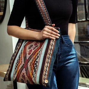 QAMAÑA Alpaca tote bag Peruvian handwoven bag Quechua symbols Boho bag Shopping bag Boho Chic Tote image 1