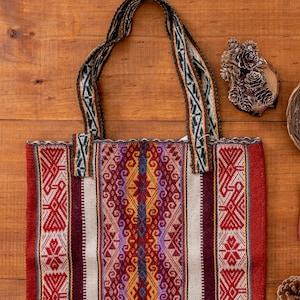 QAMAÑA Alpaca tote bag Peruvian handwoven bag Quechua symbols Boho bag Shopping bag Boho Chic Tote Comb#4 - Orange,purp