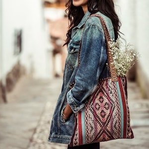 QAMAÑA Alpaca tote bag Peruvian handwoven bag Quechua symbols Boho bag Shopping bag Boho Chic Tote Comb#1-Burgundy