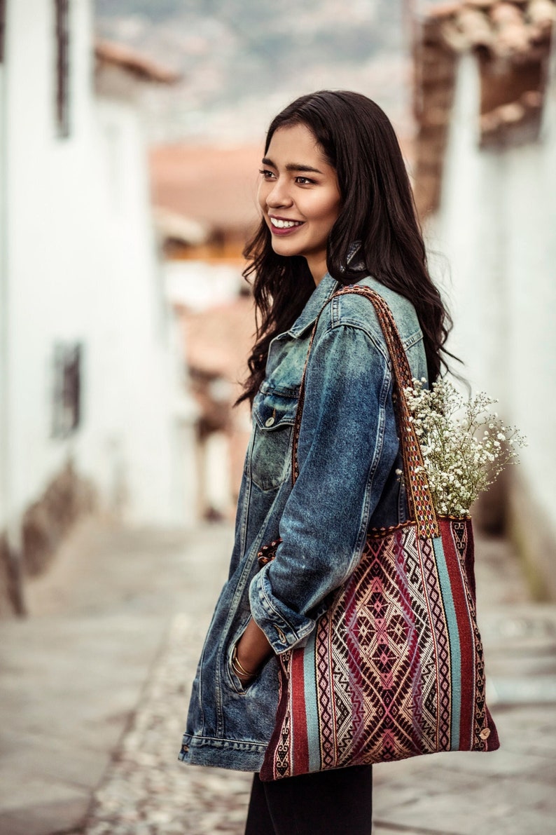 QAMAÑA Alpaca tote bag Peruvian handwoven bag Quechua symbols Boho bag Shopping bag Boho Chic Tote Comb#1-Burgundy