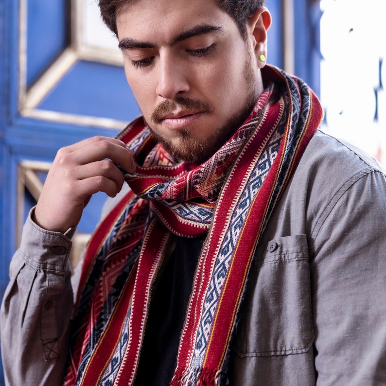 CHALINA TINISQA Peruvian traditional scarf Alpaca scarf Natural dyes scarf Winter scarf Warm scarf Hand Woven Scarf Alpaca Scarf Lgbluered 5(23-24)