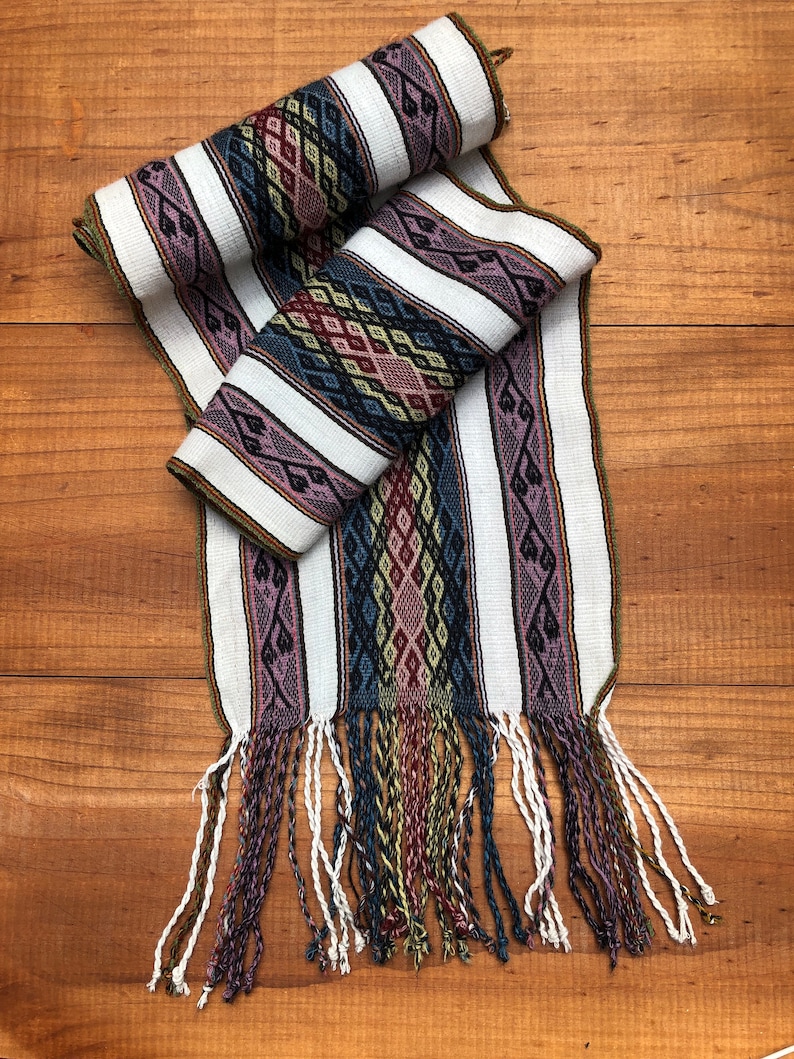 CHALINA TINISQA Peruvian traditional scarf Alpaca scarf Natural dyes scarf Winter scarf Warm scarf Hand Woven Scarf Alpaca Scarf White,lilac 6(23-24)