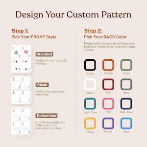 May include: Image showing steps to design a custom pattern. Step 1: Choose a front style, with options like Standard, Blank, and Dotted Line. Step 2: Select a back color from a palette including black, orange, green, white, red, and more.