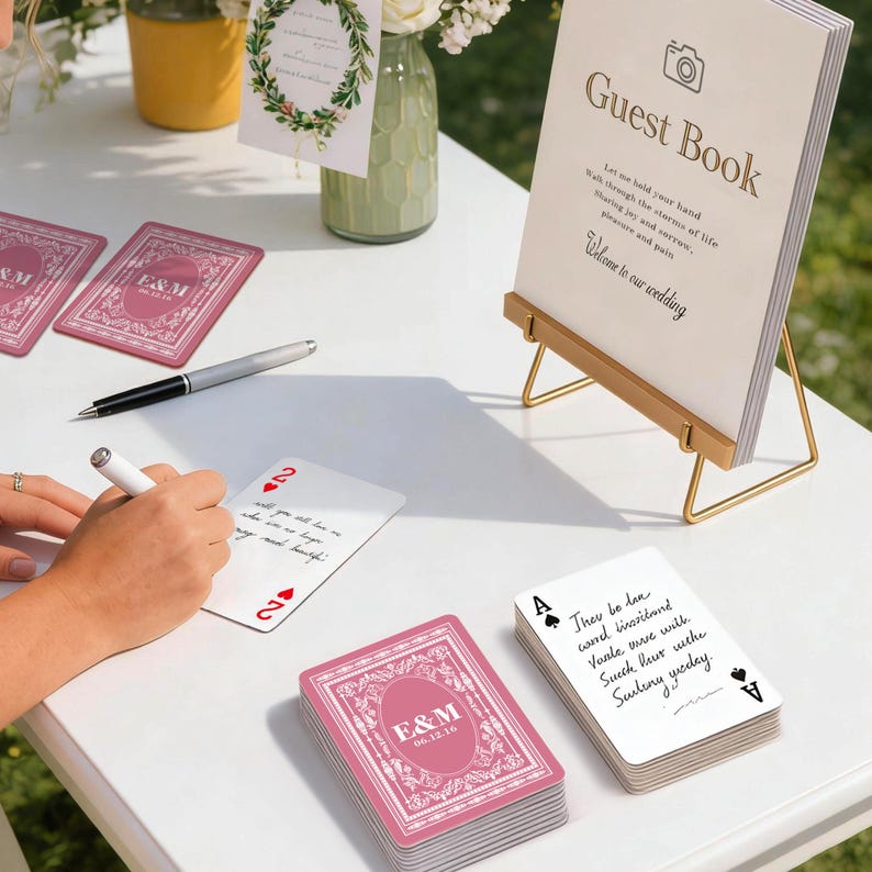 May include: A wedding guest book and playing cards are displayed on a white table. The guest book is propped up on a gold stand. Pink playing cards with the initials "E&M" and the date 06.12.16 are stacked nearby.