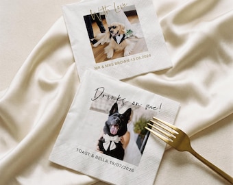 Custom Wedding Napkins - Personalized Dog Photo Cocktail Napkin - Pet Wedding Decor Engagement Party Beverage Napkin