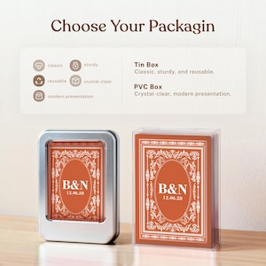 May include: An image showcasing two packaging options: a silver tin box and a clear PVC box. Both contain a deck of cards with an orange background and white ornate design, featuring the initials "B&N" and the date "12.06.28". The text "Choose Your Packaging" is at the top.