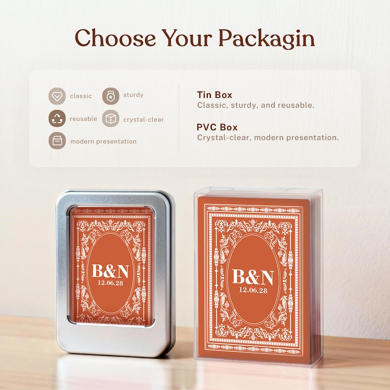 May include: An image showcasing two packaging options: a silver tin box and a clear PVC box. Both contain a deck of cards with an orange background and white ornate design, featuring the initials "B&N" and the date "12.06.28". The text "Choose Your Packaging" is at the top.