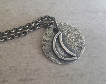 Silver Moon Pendant, artisan made, women or men's oxidized necklace, 925 sterling silver pagan moon