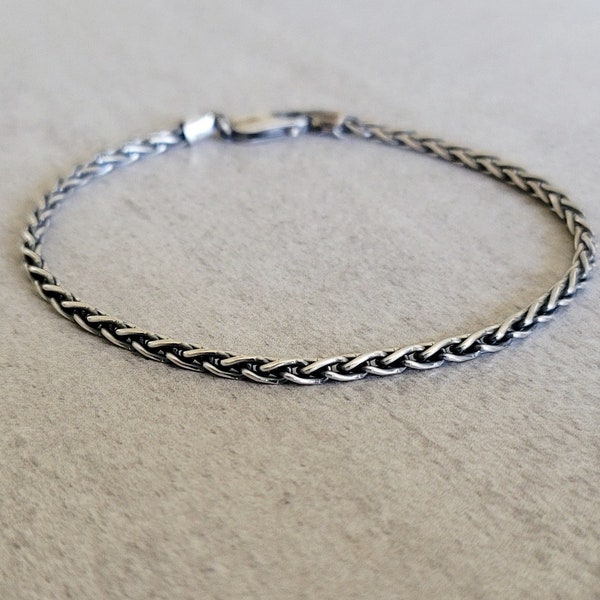 Sterling Silver Wheat Chain Bracelet with 3mm braided Spiga links, oxidized or bright