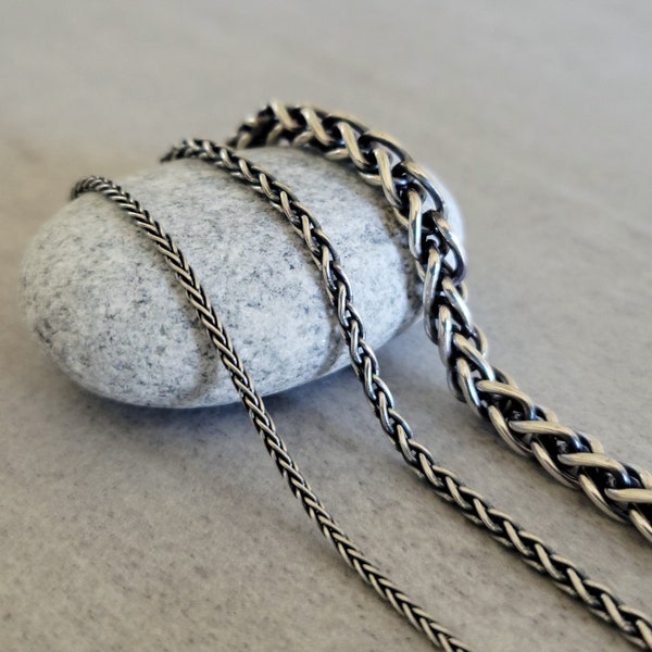 Any Length Sterling Silver Wheat Chains, Oxidized Unisex Necklace, 2mm 3mm & 6.6mm Spiga Chains