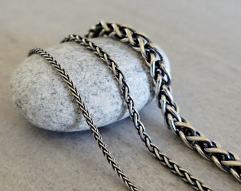 Any Length Sterling Silver Wheat Chains, Oxidized Unisex Necklace, 2mm 3mm & 6.6mm Spiga Chains