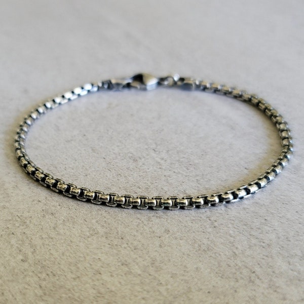 925 Silver Box Chain Bracelet with 3mm rounded links, oxidized unisex jewelry