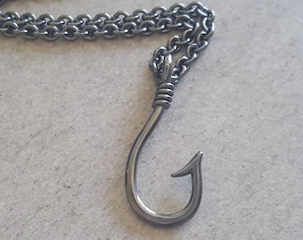 Sterling Silver Fish Hook Necklace, men's pendant oxidized to a gunmetal gray on sturdy cable chain