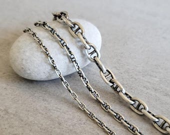 Sterling Silver Anchor Chains, oxidized satin finish, 7mm, 4mm, 3mm hollow mariner links