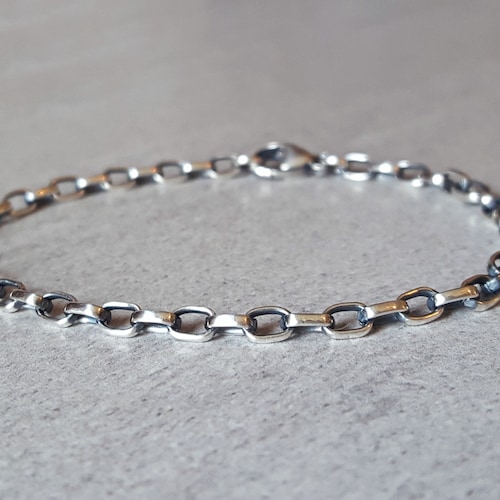 Bracelet Rolo en argent sterling, unisexe, maillons ovales vieillis de 3,2 mm