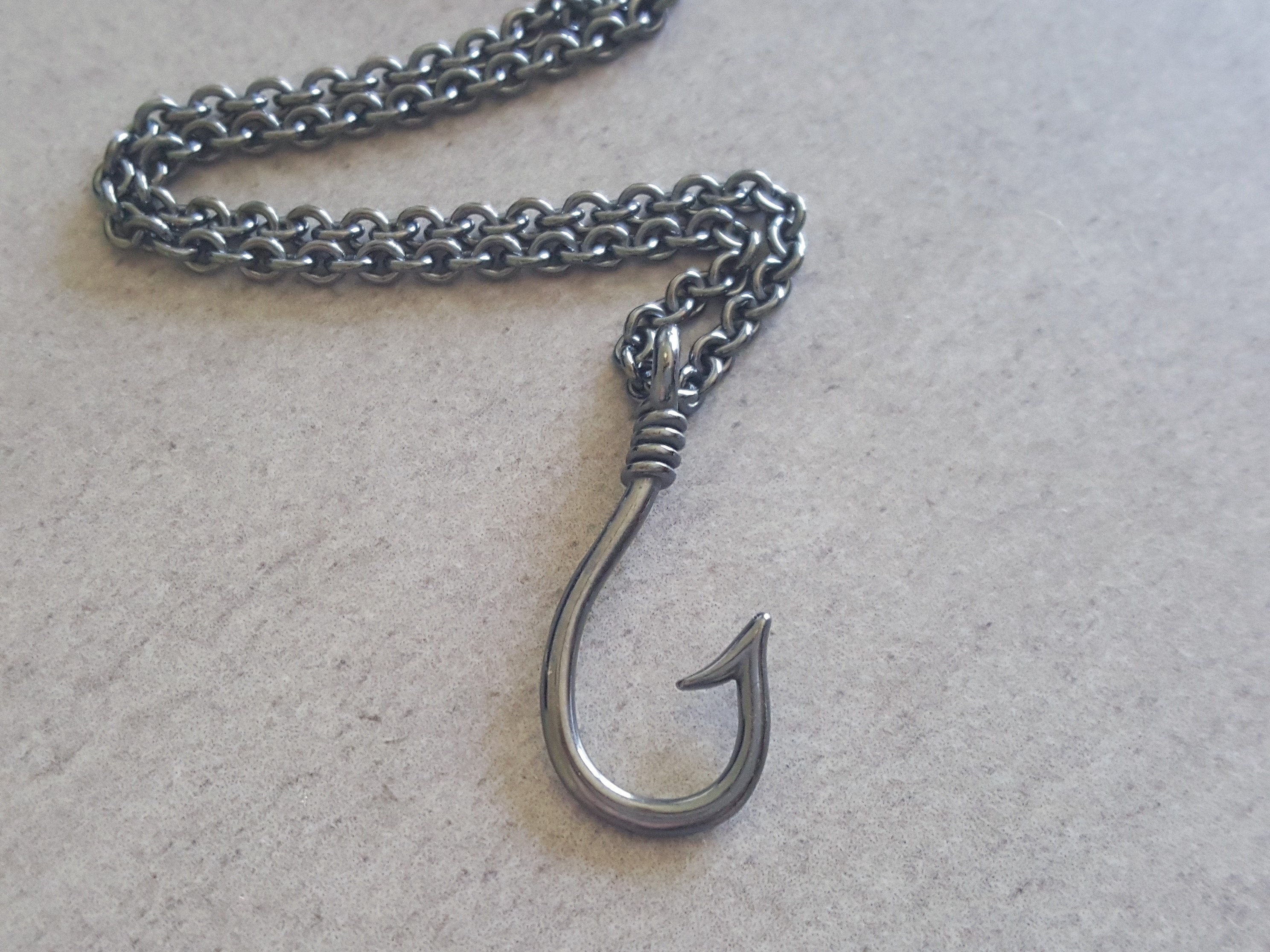 Sterling Silver Fish Hook Necklace, Men's Pendant Oxidized to A Gunmetal Gray On Sturdy Cable Chain