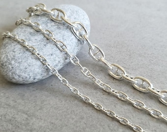 Sterling Anchor Chains in bright silver, 3mm 4mm 7mm, hollow mariner necklace