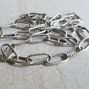 Sterling Silver Hand Forged Chain with smooth and twisted oval links, bench made artisan necklace with oxidized or bright finish
