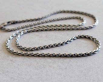 Sterling Silver Wheat Chain with 3mm thick interlocking links, dark gunmetal gray, lightly oxidized or bright finish