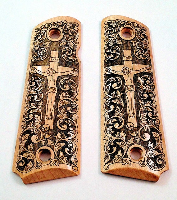 1911 custom engraved wood pistol grips Scrollwork Christian Etsy
