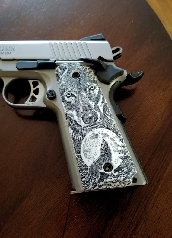 1911 Custom Engraved Ivory Scrimshaw Grips Howling Wolf Moon