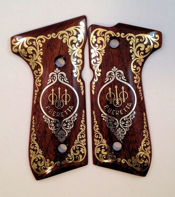 Beretta 92 92fs M9 96 Custom Wood Pistol Grips Gold Silver Scroll Trident Logo