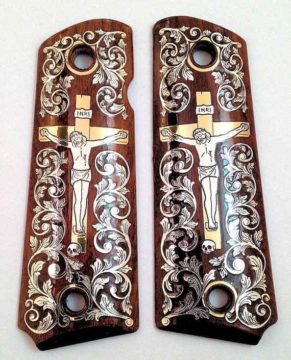 1911 Custom Engraved Wood Pistol Grips Gold Silver Christian Cross Jesus Crucifix Scrollwork