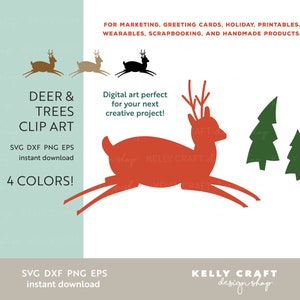 May include: Digital clip art featuring a red deer running through a forest with two green trees. The text "DEER & TREES CLIP ART" is in the top left corner of the image. The text "4 COLORS!" is in the bottom left corner of the image. The text "SVG DXF PNG EPS instant download" is in the bottom left corner of the image. The text "KELLY CRAFT design shop" is in the bottom right corner of the image.