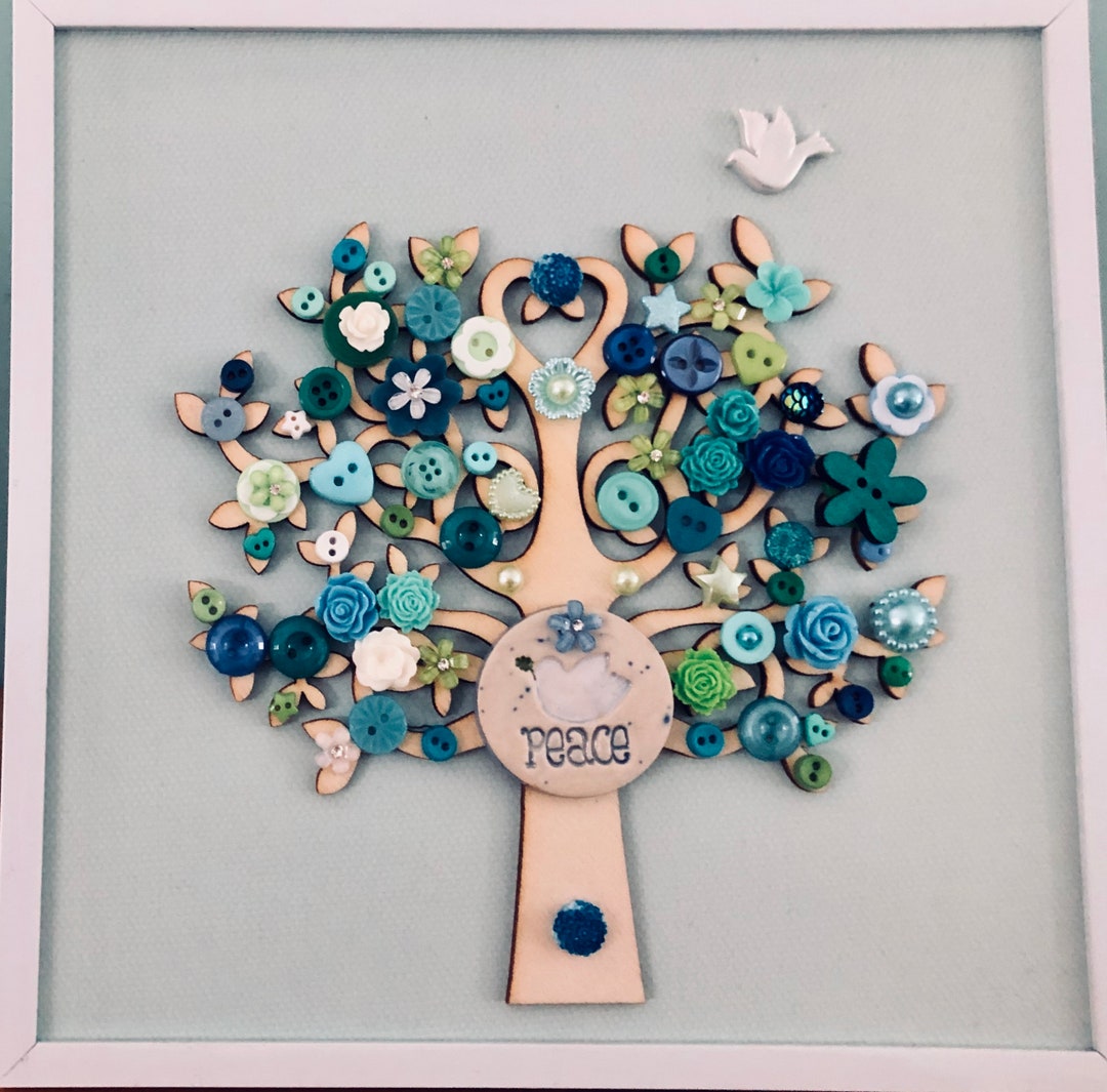 Peaceful Tree of Life Button Art, Blue Mosaic Tree in Frame - Etsy